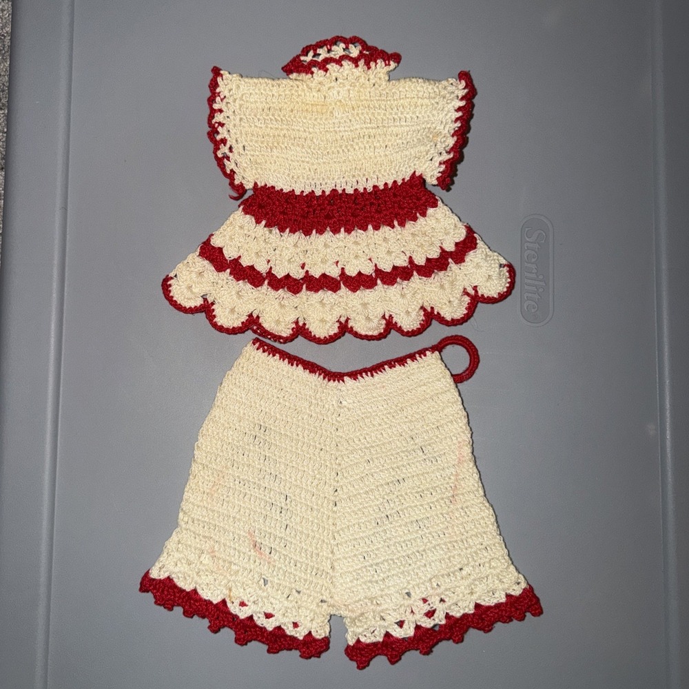 Crochet Potholder Dress Bloomers Red White 50s Handmade Cottagecore‎ Grandma Vtg